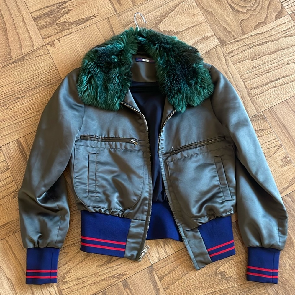 Harvey Faircloth Satin and Faux Fur Olive Green Bomber Size 4 (US XS)